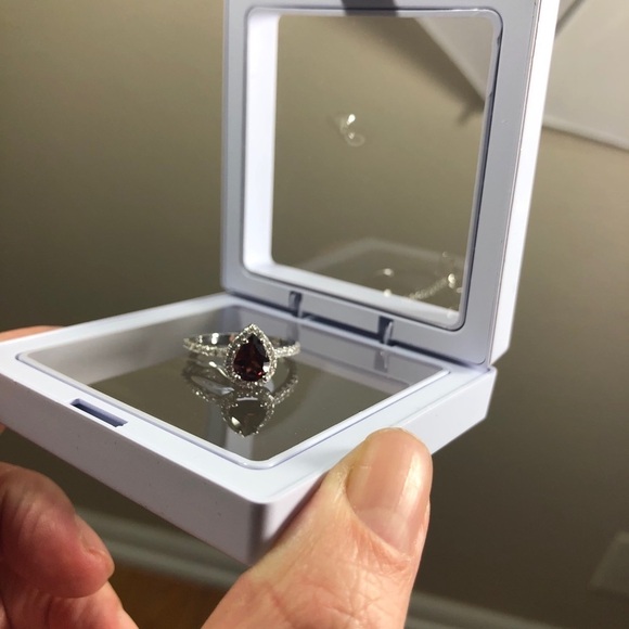 Pear GARNET Cubic Zirconia Halo Sterling Silver S925 Simulated Solitaire Ring - Picture 5 of 6